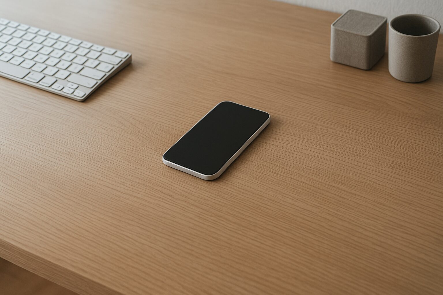 木目デスクの手前にスマホ形の板が置かれた静かな作業空間の俯瞰写真