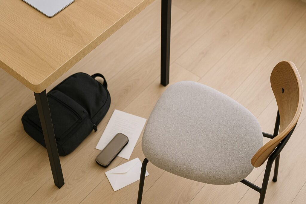 木目デスクとイスが静かに並ぶ足元の空間