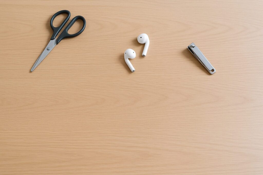 木目デスクの上に白い浅型トレーが置かれ、ハサミ・ワイヤレスイヤホン・爪切りが静かに並んでいる俯瞰シーン。自然光で落ち着いた作業空間。